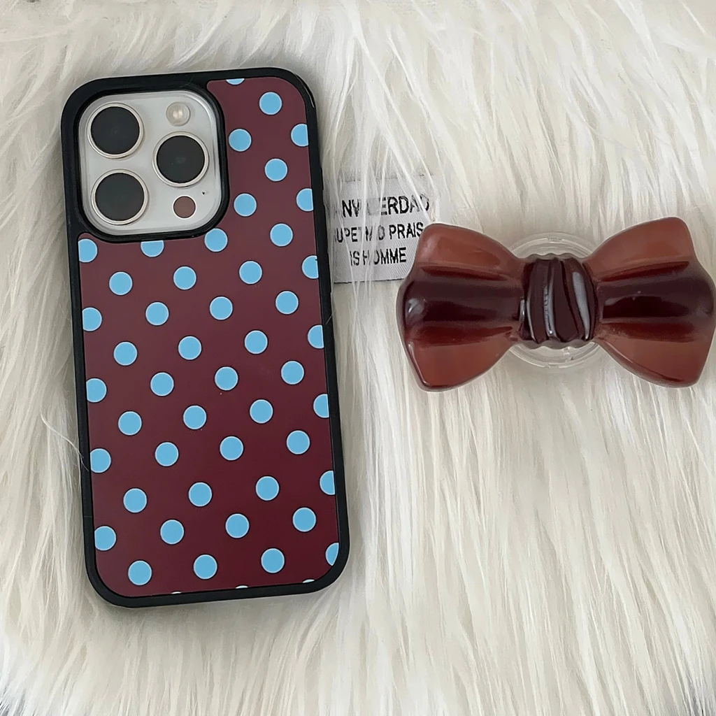 ريترو بسيط الأزرق موجة نقطة البني Bowknot مع حامل للصدمات واقية غطاء الهاتف آيفون 17 16 15 14 برو ماكس