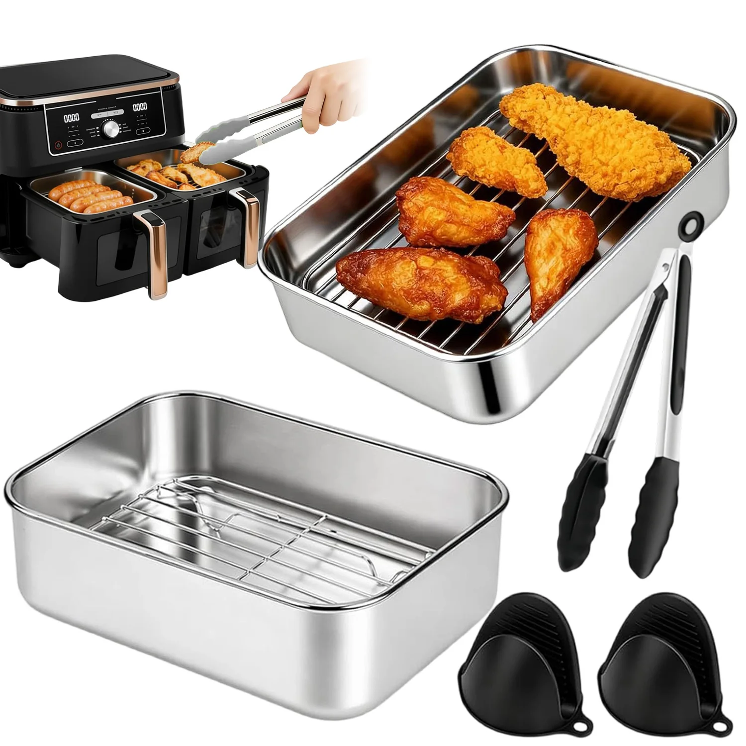 Edelstahl-Kasserolle für Heißluftfritteuse, rechteckige Edelstahl-Backform, Ofenblech, große Backform mit 2 Backgittern, 2 Backformen, Silikonhandschuhen, 2 Silikongreifern für Ninja.