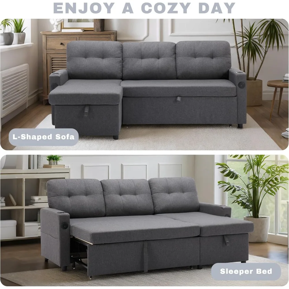 أريكة نوم حديثة على شكل حرف L مع سرير قابل للسحب، وأريكة منجدة، ومنفذ USB، وجيوب جانبية لراحة غرفة المعيشة