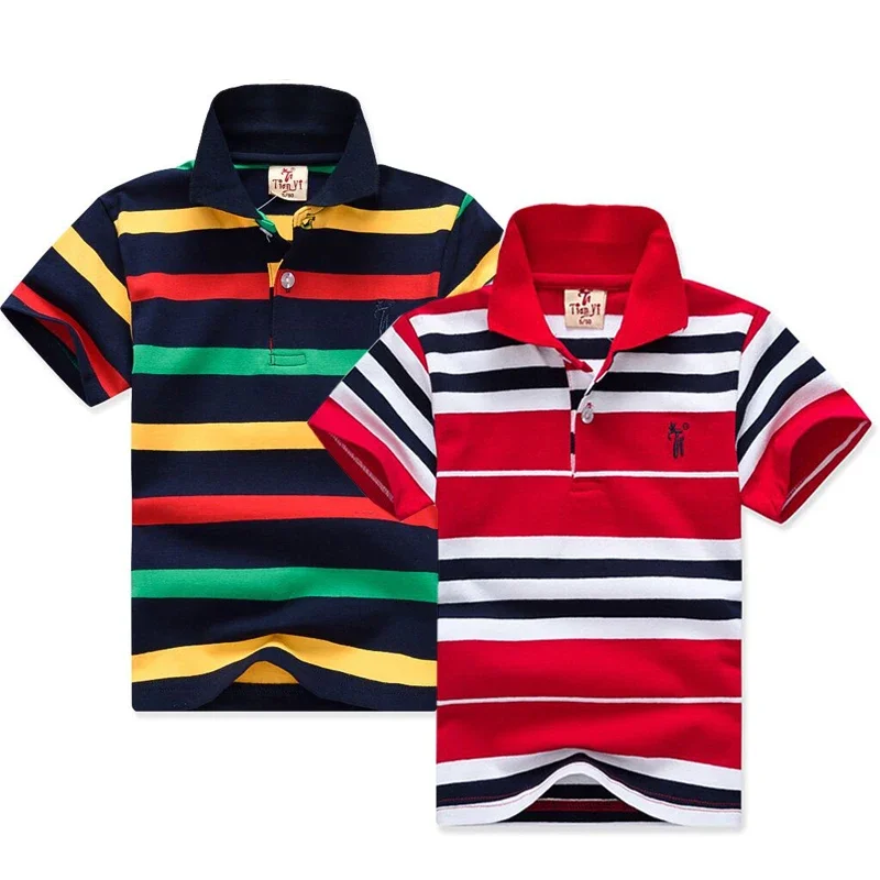 

New Boys Striped Summer T-Shirts School Children Clothing Cotton Short Sleeve Turn-down Collar Buttoned Sports Tees Size 2-12Yrs