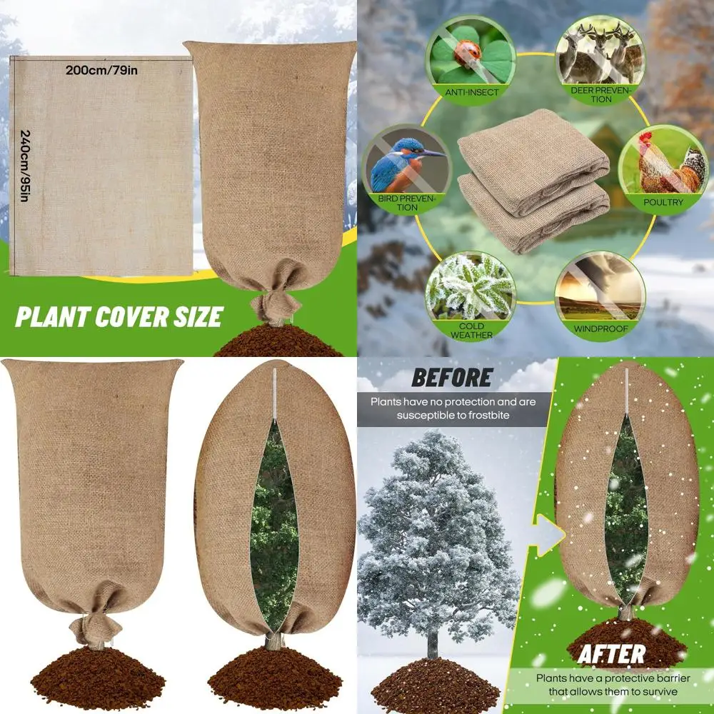

79x95 Burlap Winter Plant Covers, Reusable for Frost Protection, Zippered & Drawstring, Outdoor Tree & Shrub Protectors