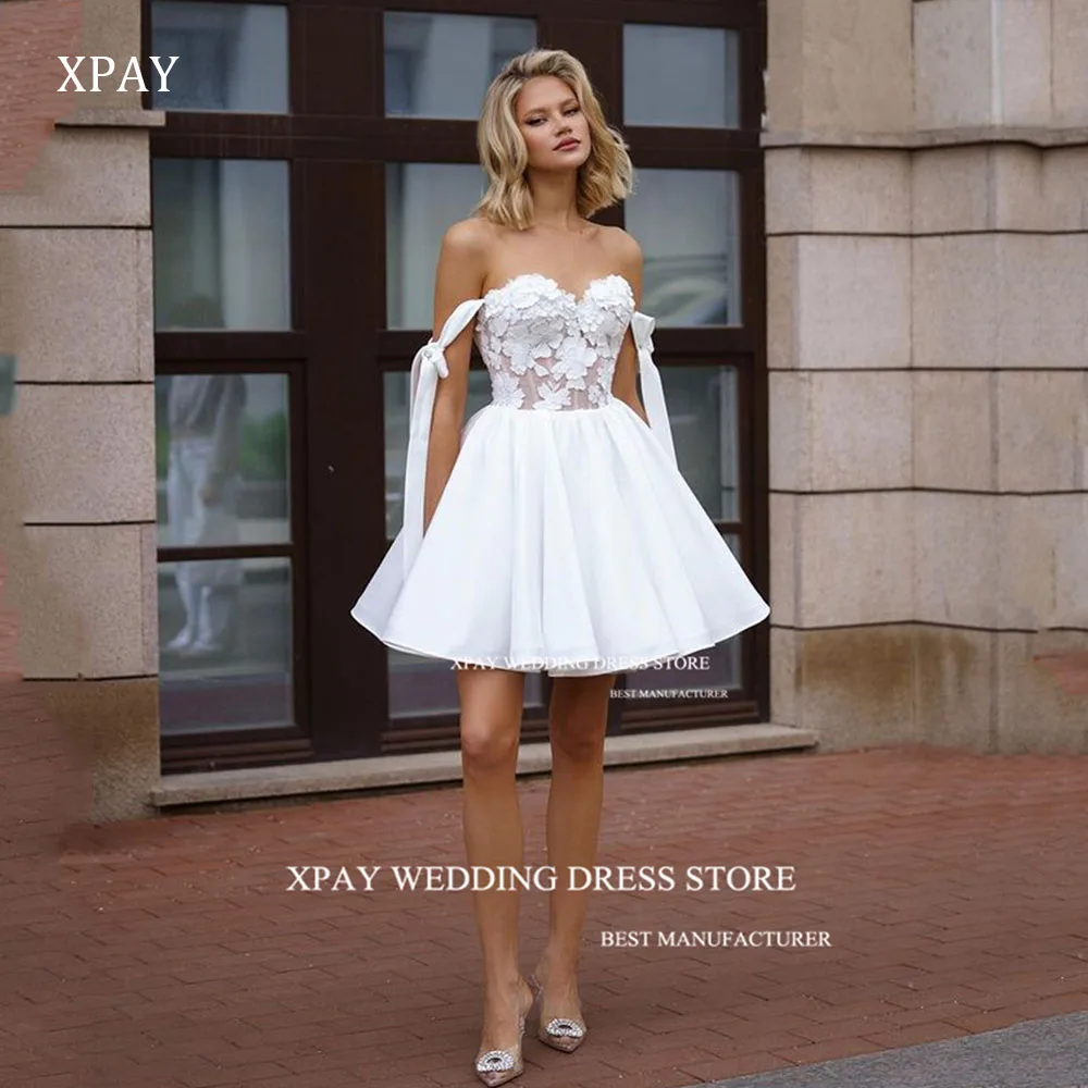 

XPAY Sweetheart Short Wedding Dresses 3D Lace Appliques Off Shoulder Mini Bridal Dress vestidos de novia Above Knee Bride Gowns