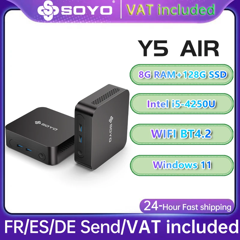 SOYO Mini PC Y5 AIR Intel i5 4250U 8 Go de RAM 128 Go de ROM Windows 11 Pro WiFi BT4.2 Ordinateur de bureau