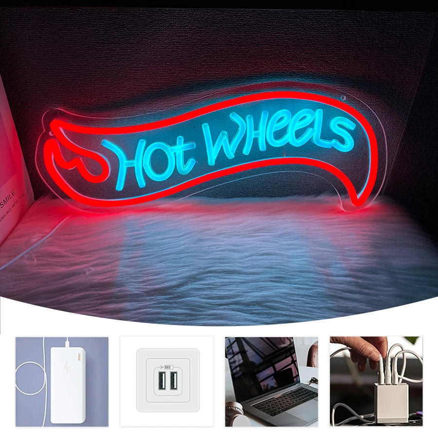 لافتة نيون Led من Hot Wheels، ضوء ليلي أيقونة شعار السباق، يعمل بمنفذ USB، جراج، غرفة النوم، غرفة الألعاب، ورشة عمل، ديكور كهف الرجل.
