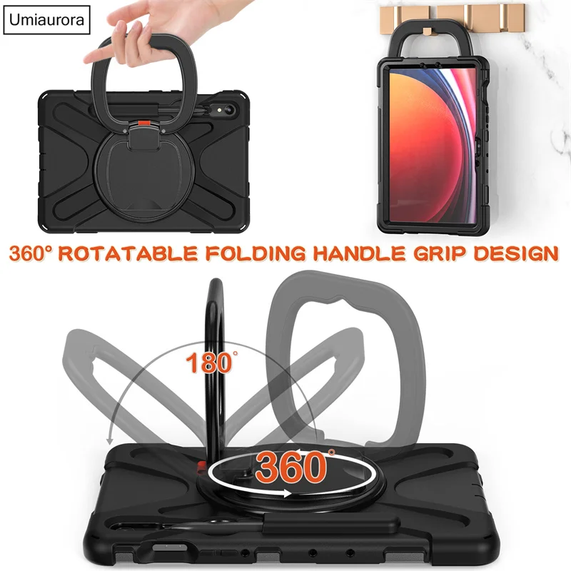 For Samsung Galaxy Tab S6 S7 FE S8 Plus S9 Ultra SM-X900 SM-X910 X810 Case Rotation Hand Ring Kids Stand Shockproof Tablet Funda