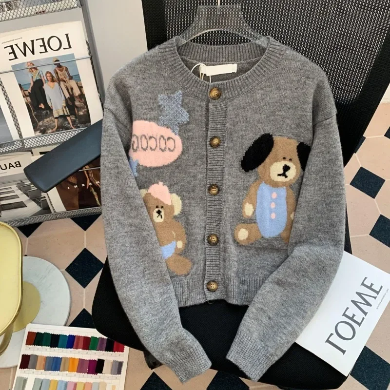 Korean Fashion Cute Cartoon Teddy Bear Knitted Cardigan for Girls Autumn Winter Casual Versatile Sweater for Women Y2k Clothes