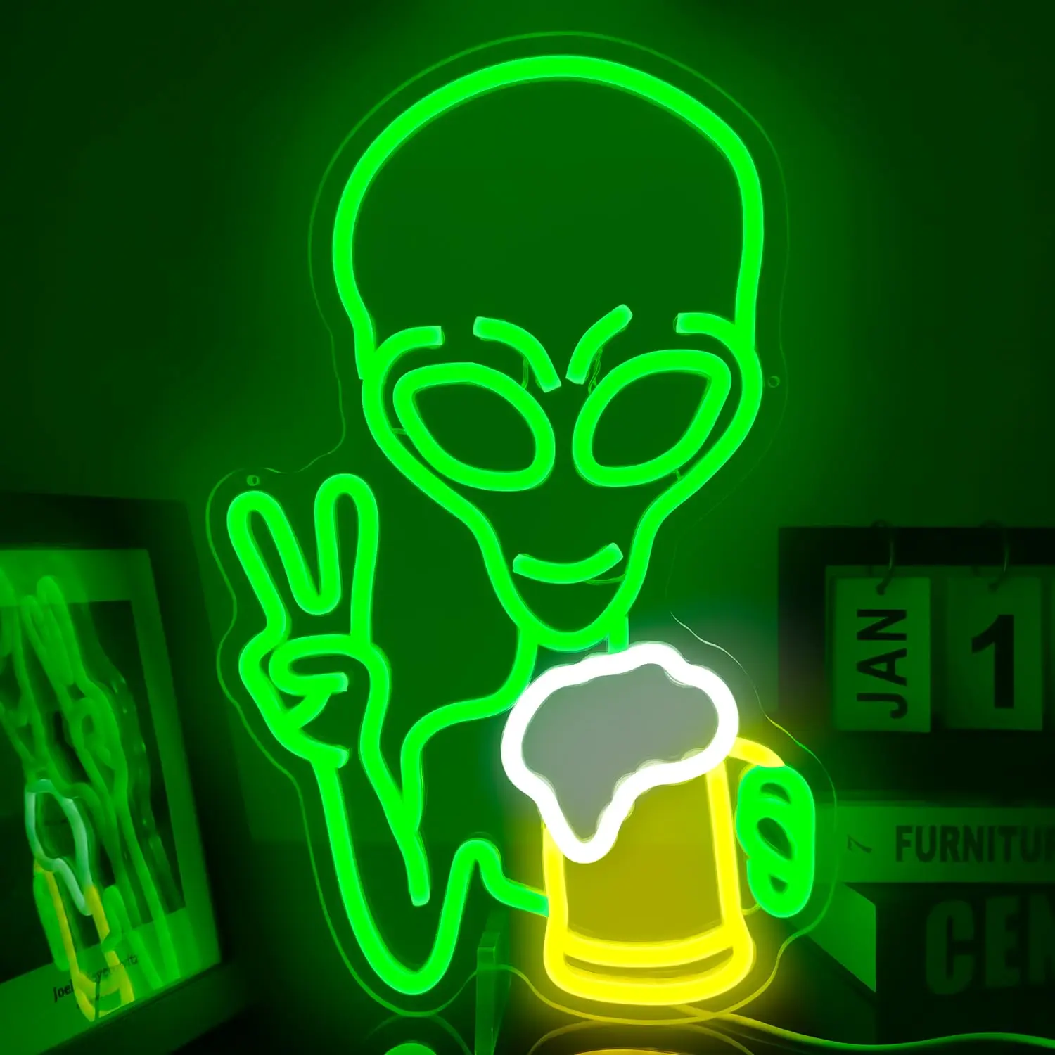 sinal de luz de neon alienigena verde led regulavel iluminar cerveja quarto sala de jogos bar cerveja pub hip hop 01