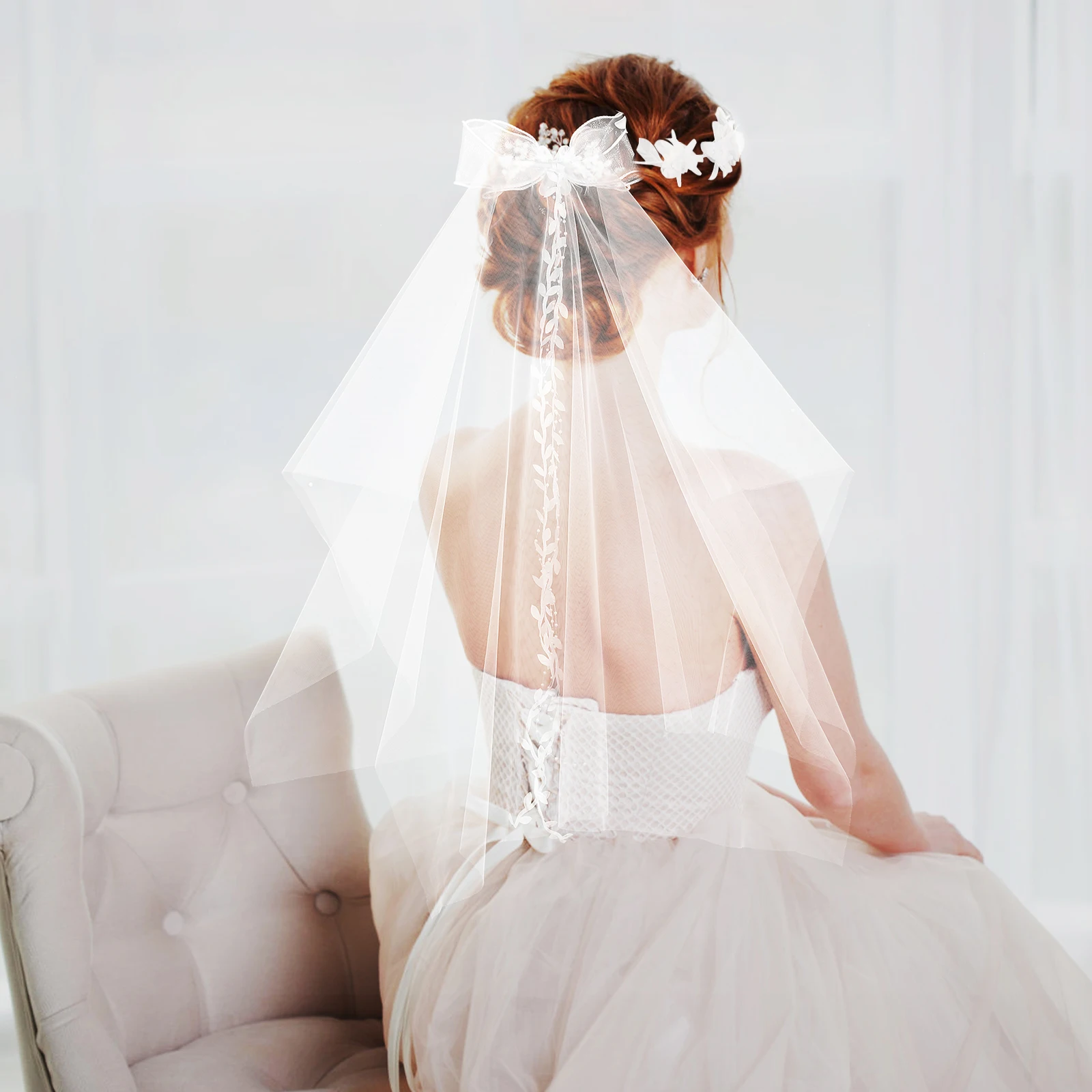 غطاء رأس الزفاف مع تاج الأزهار والحجاب القصير، إكسسوار شعر الزفاف خفيف الوزن لارتداء مريح طوال اليوم