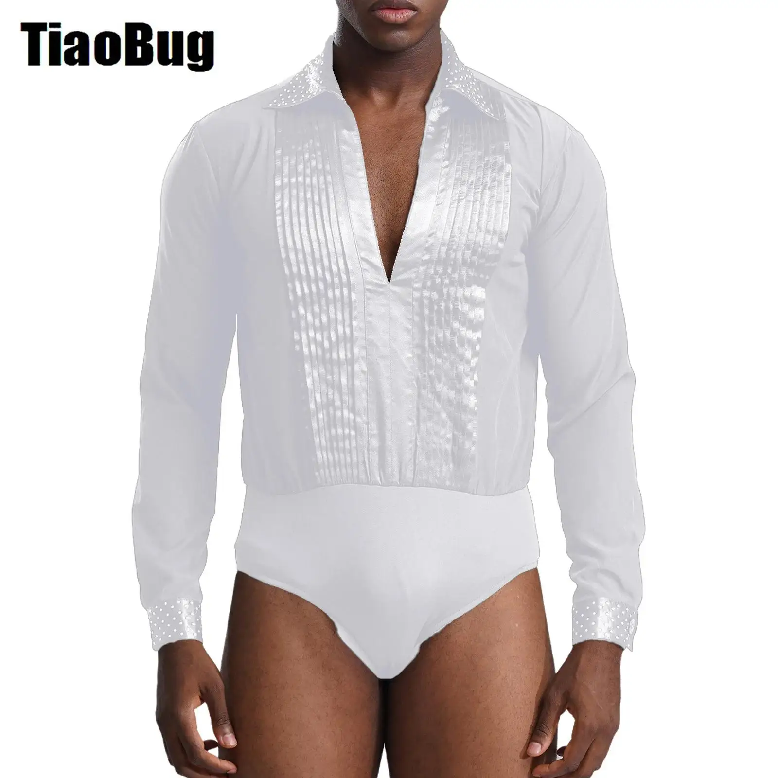 

Mens V-neck Latin Ballroom Dance Leotard Glittery Rhinestones Dance Competition Costume Long Sleeve Pleated Bodysuit Dancewear