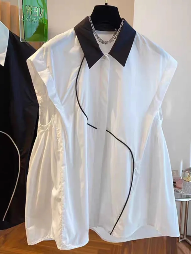 Camisa sin mangas con carácter para Mujer, blusa Sexy con solapa, color blanco y negro, para verano, 2024