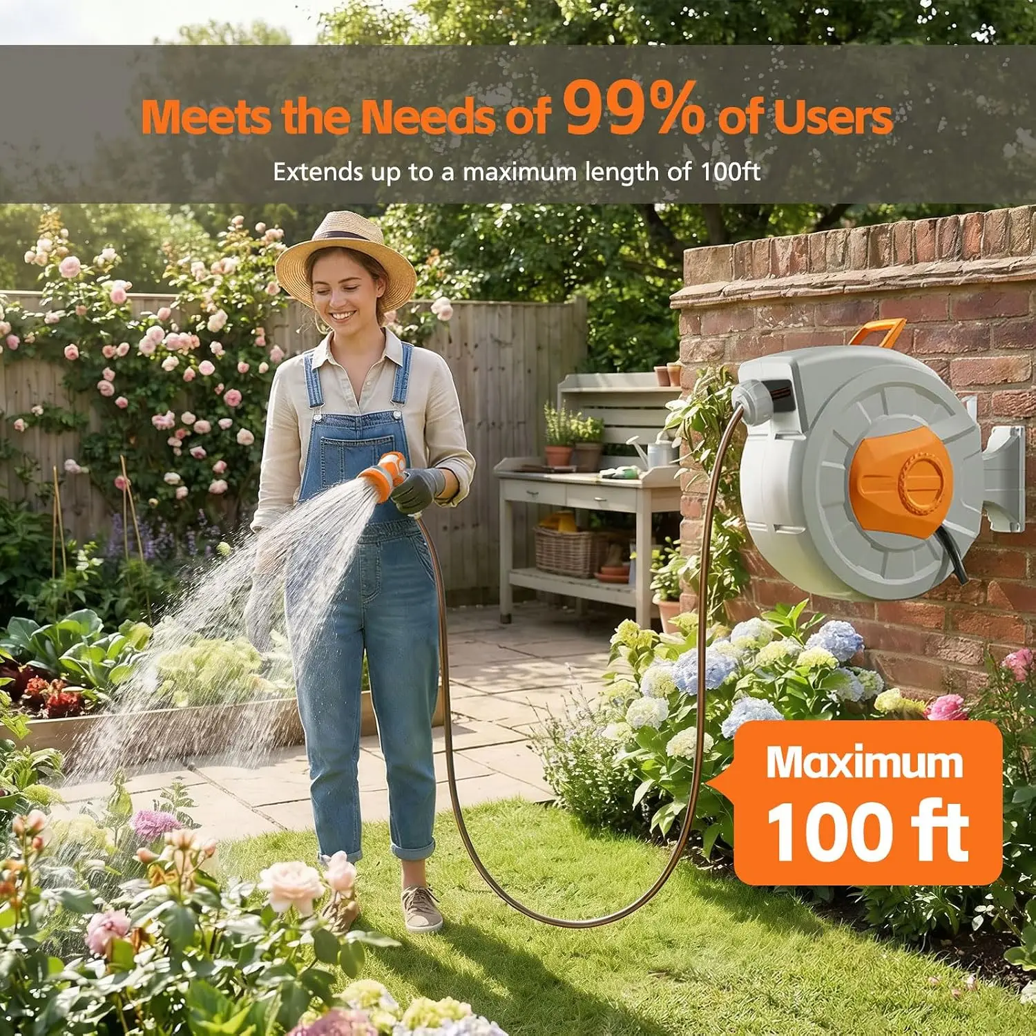 Garden Hose Reel 100ft, Wall Mounted Retractable Water Hose Reel With 180 Degree Swivel Bracket, Heavy Duty Automatic Roll Up Hose Organizer, Ten Pattern Spray Nozzle For Yard Car Washing view 7