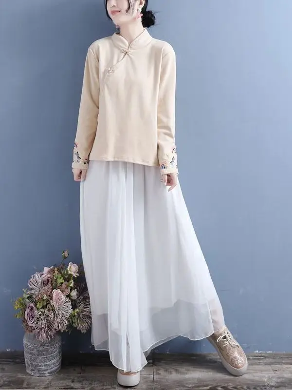 Camisa Casual Feminina de Veludo Dupla Face com Gola Alta Bordada e Aquecimento Automático para Cerimônia do Chá