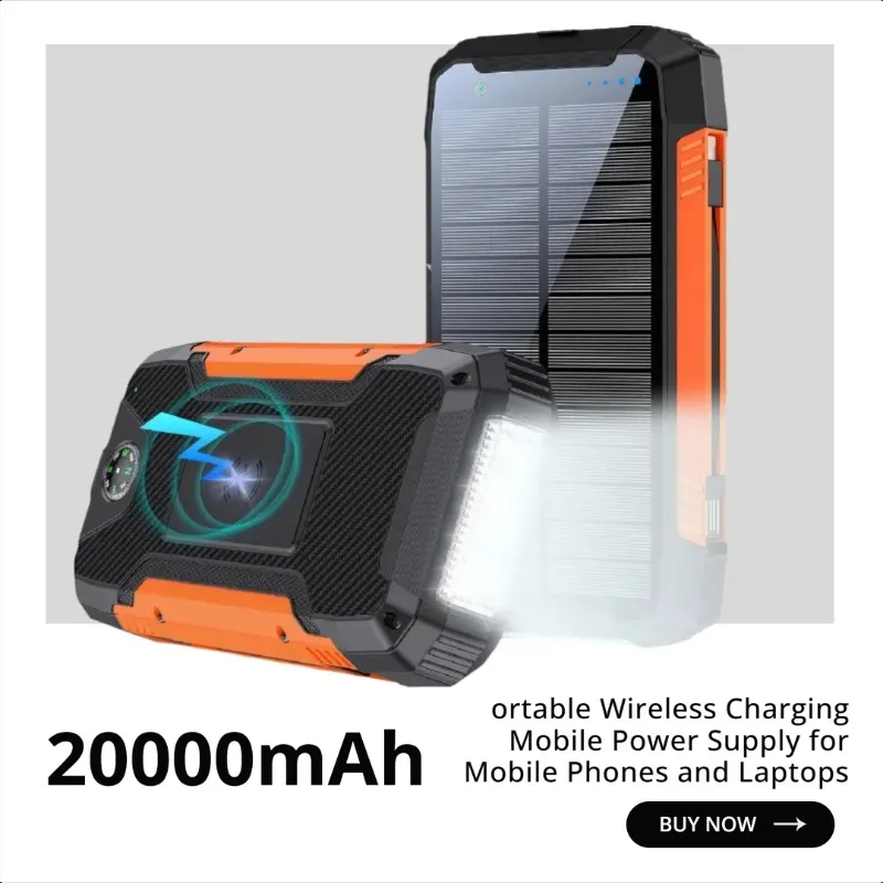 

Built-in Cable Solar Power Bank 20000mAh Portable Wireless Charging Mobile Power Supply for Mobile Phones and Laptops
