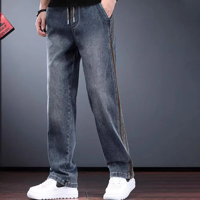 

Korean Men'S Jeans Fashion Casual Pants Retro Men'S Straight Leg Pants Side Striped Denim Drawstring Pants