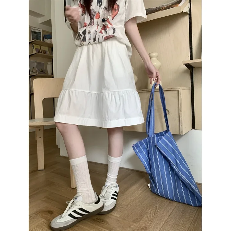 Japanese Style Casual Elastic Waist Midi Skirt with Pockets College Wind Half Skirt Short Skirt Standard Fit Polyester Fiber