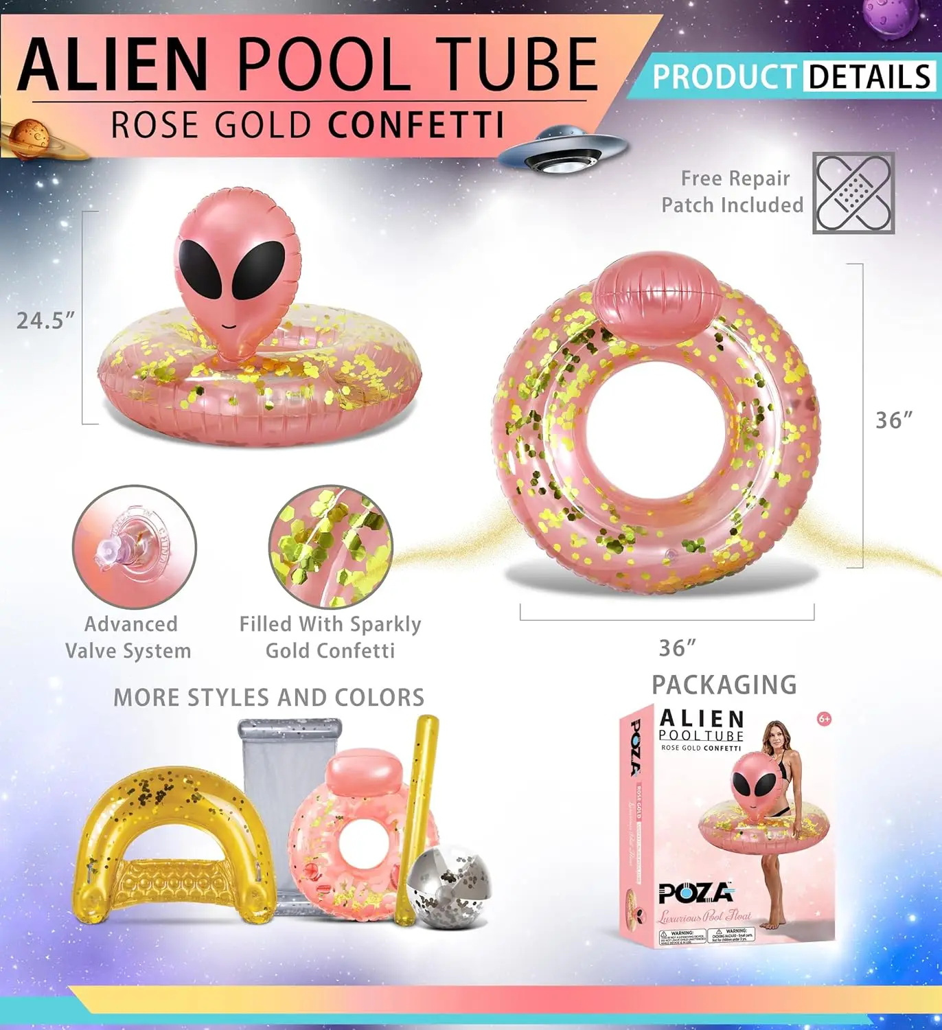 Inflatable Alien Pool Float Tube Heavy Duty Vinyl UV Resistant Confetti Pool Alien Floatie Cool Pool Float Swim Ring Pool Inflat