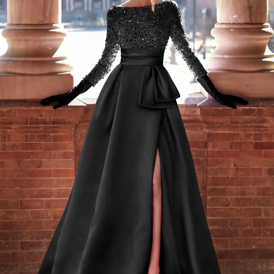 

Long Sleeves Mother Of The Bride Dresses For Wedding Sparkly Sequin Ball Gowns Side Slit Satin Formal Party Prom Gown Customized