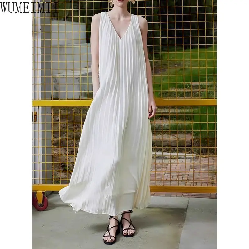 High-end women's white couture three-dimensional pleated long dress chiffon v-neck dress women's summer
