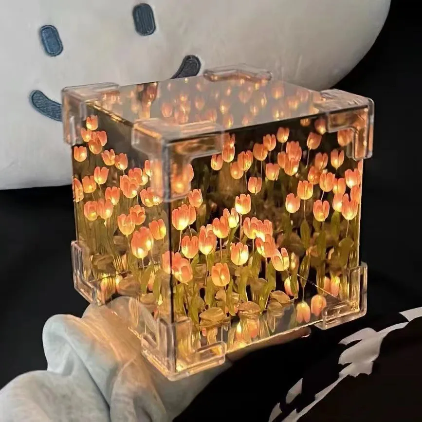 DIY Tulip Mirror Cube Lamp Simulation Flower Bedroom Sleeping Table Lamp Handmade Craft 30 Tulips Mirror Night Light Christmas