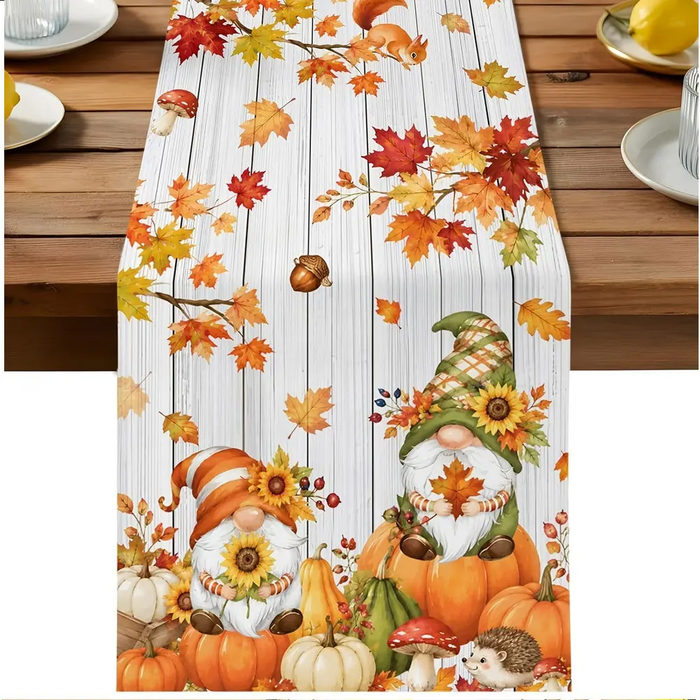 Linen Table Runner Watercolor Stacked Pumpkins Fall Leaves Off White Autumn Tablecloth Decor Kitchen Dining