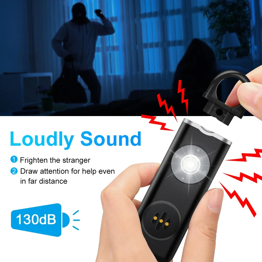 130dB Self Defense Alarm Personal Alarm for Child Women Loud Panic Alarm with LED Strobe Light Rechargeable Emergency Alarm