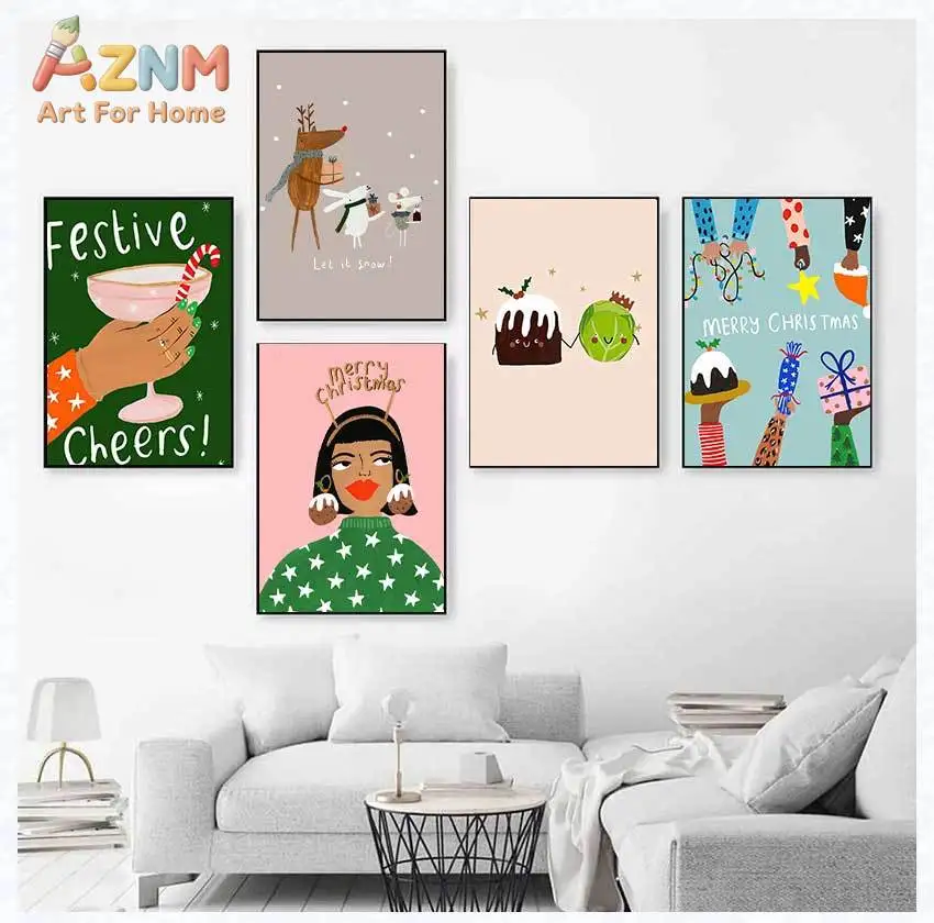 AZNM - Impresión artística festiva de Navidad para pared, póster de lienzo sin marco, renos, pudín e ilustración de "Feliz Navidad"