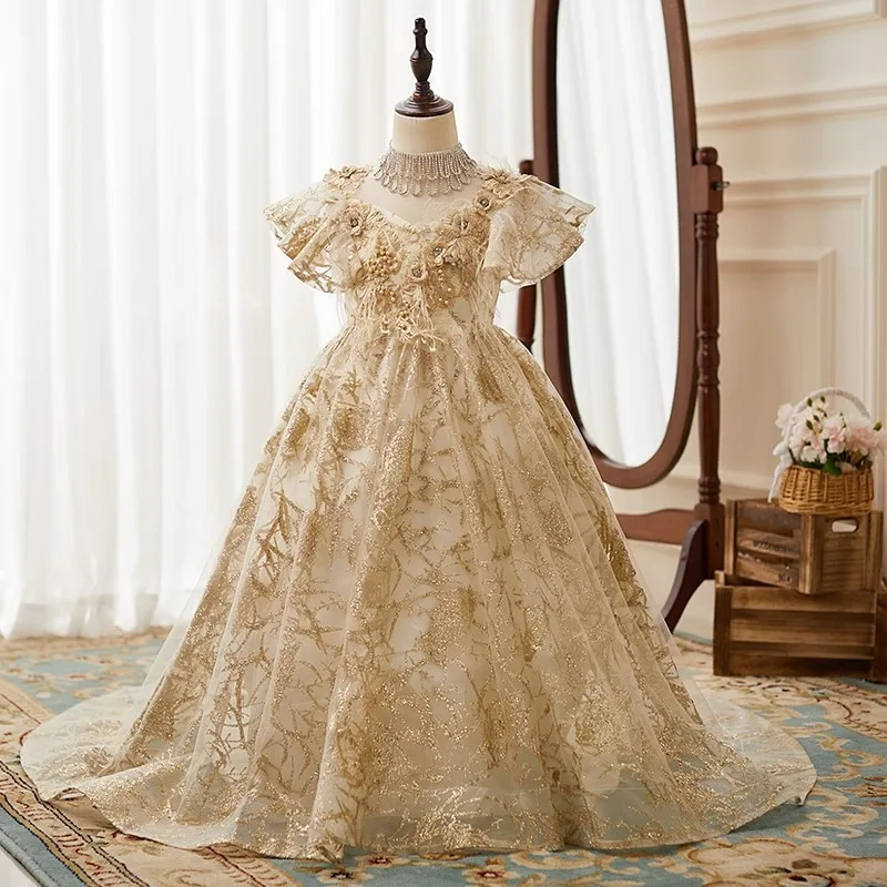 Robe bouffante à col haut avec perles pour enfants, robes de demoiselle d'honneur champagne pour la fête de mariage, robe pour occasions spéciales de reconstitution historique de Rh, image réelle