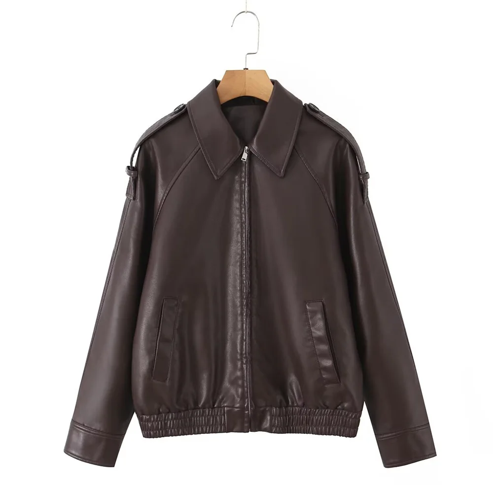 가을 겨울 신상 여성 의류 루즈핏 캐주얼 스타일 라펠 긴팔 인조가죽 파일럿 재킷