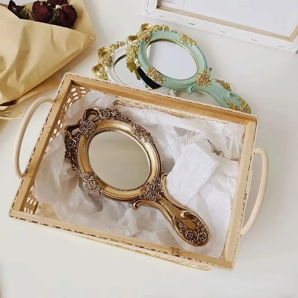 Creative European Style Handheld Mirrors Embossed Rose Beautiful Cosmetic Mirror Single-Sided Oval Vintage Mirror Travel Use