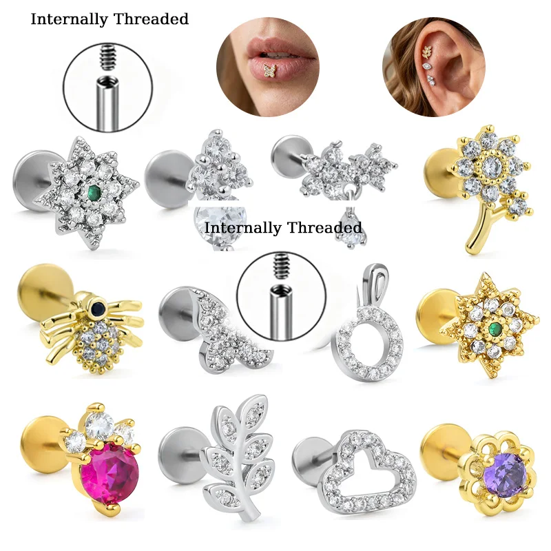 Small Chic Spider Earings Flat Back Labrets Internally Threaded Titanium Cartilage Piercing Jewelrys Rabbit Helix Lobe Ear Studs