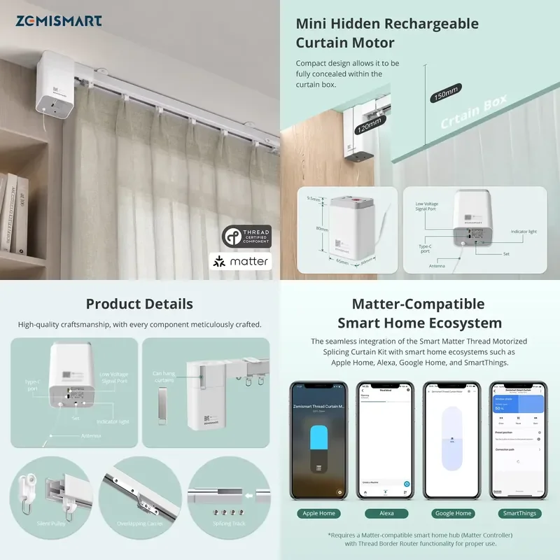 Zemismart Matter Thread Rechargeable Battery Mini Smart Curtain Motor Track Kit Works with Home Alexa Google HA