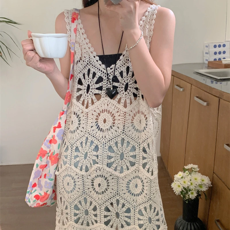 Boring Honey Fashion All-Match Hollow Out Knee-Length Vintage High Street Dress Women V-Neck Beach Style Loose Thin Dress - Detail 1