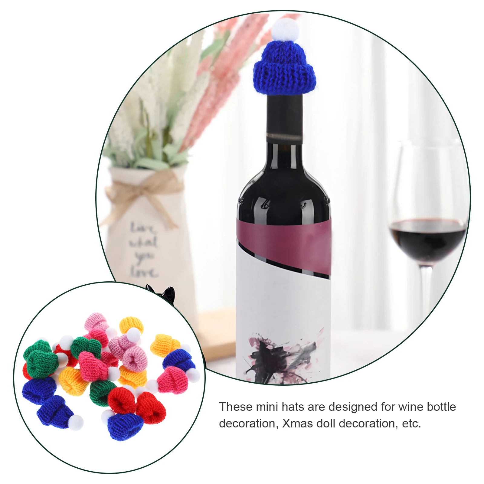 

24Pcs Mini Christmas Knitting Hats Soft Woolen Yarn for Xmas Tree Ornaments Wine Bottle Decorations DIY Craft Accessories