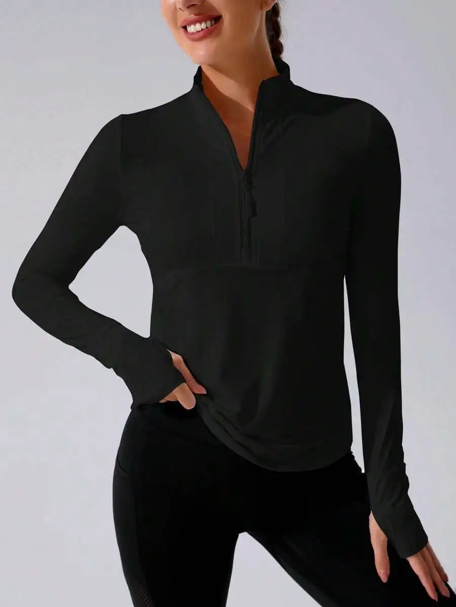 

Womens Slim Fit Solid Color Zipper Front Long Sleeve Workout Top