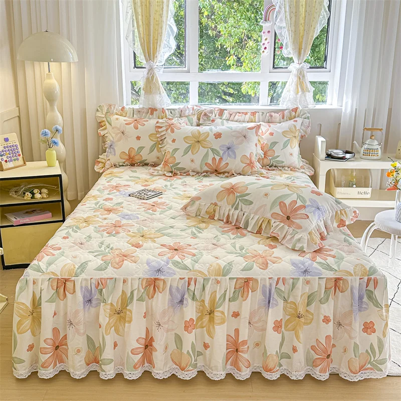 Falda de cama 100% algodón, tamaño Queen/King, sábana gruesa con volantes, súper suave, falda de cama tamaño completo.