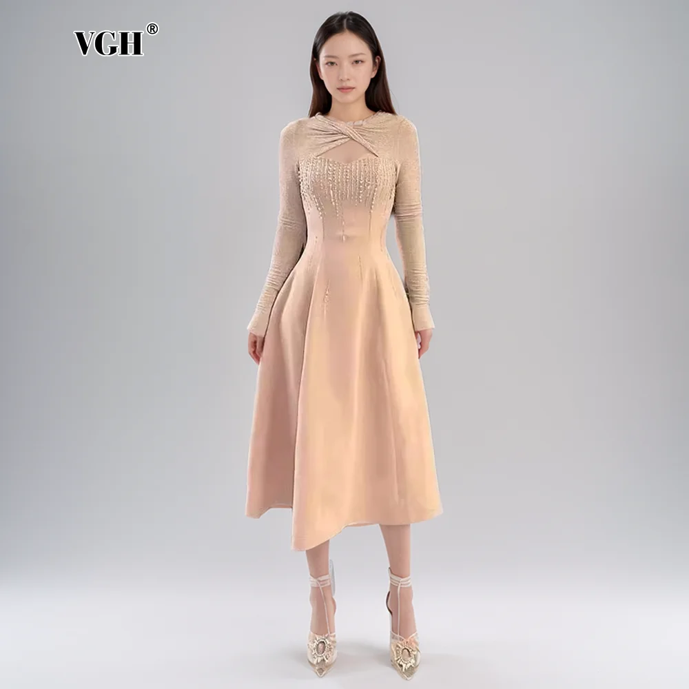 VGH Solid Slimming Elegant Evening Dress For Women Round Neck Long Sleeve High Waist Hollow Out Temperament Dress Female Style