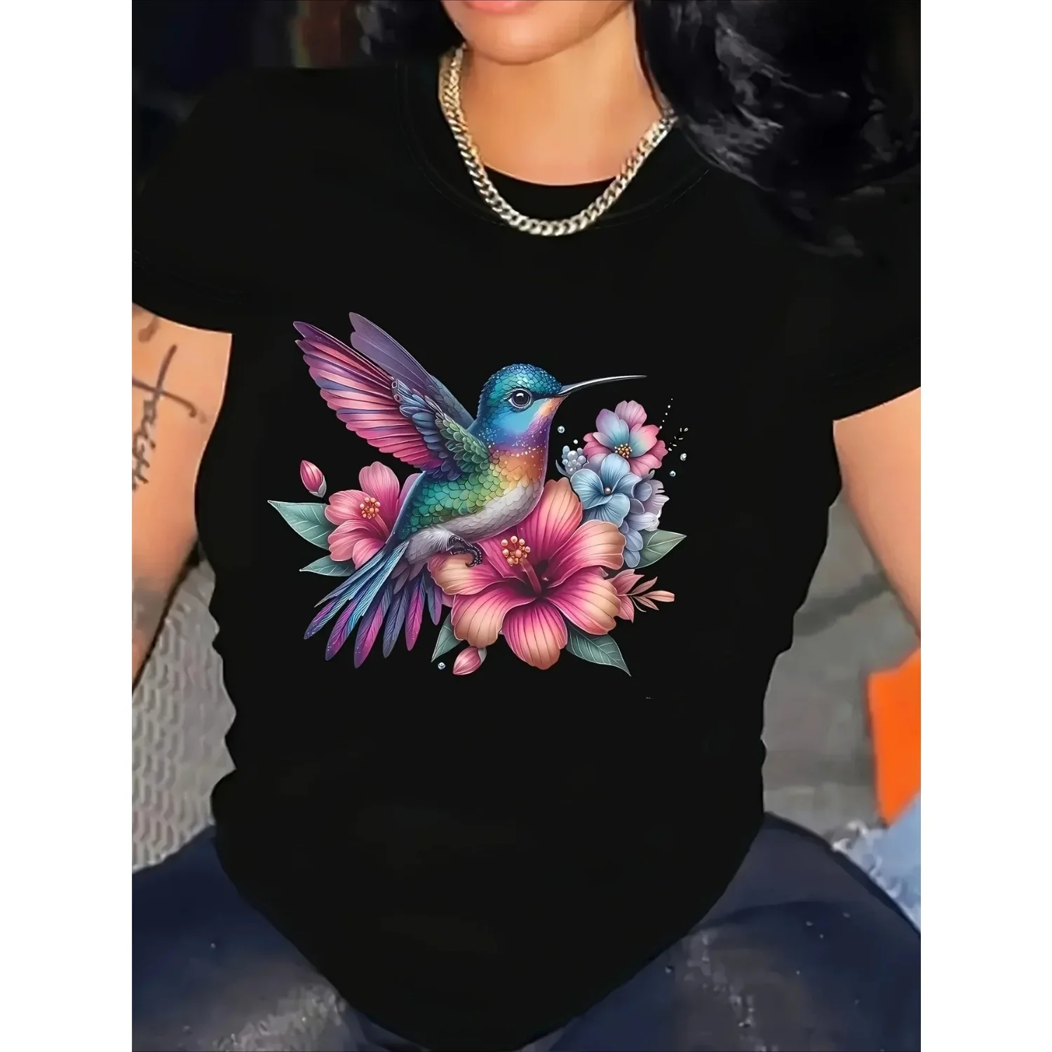

Женская повседневная футболка с ярким принтом колибри и круглым вырезом с короткими рукавами, летние уличные футболки в стиле Харадзюку с короткими рукавами