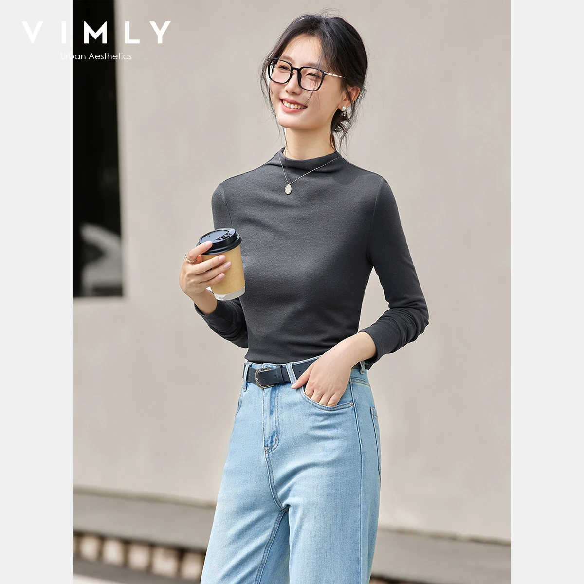 VIMLY 여성 긴 소매 티셔츠 캐주얼 자수 커프스 만다린 칼라 여성용 탑 가을 2025 니트 슬림 여성 티셔츠 A2503