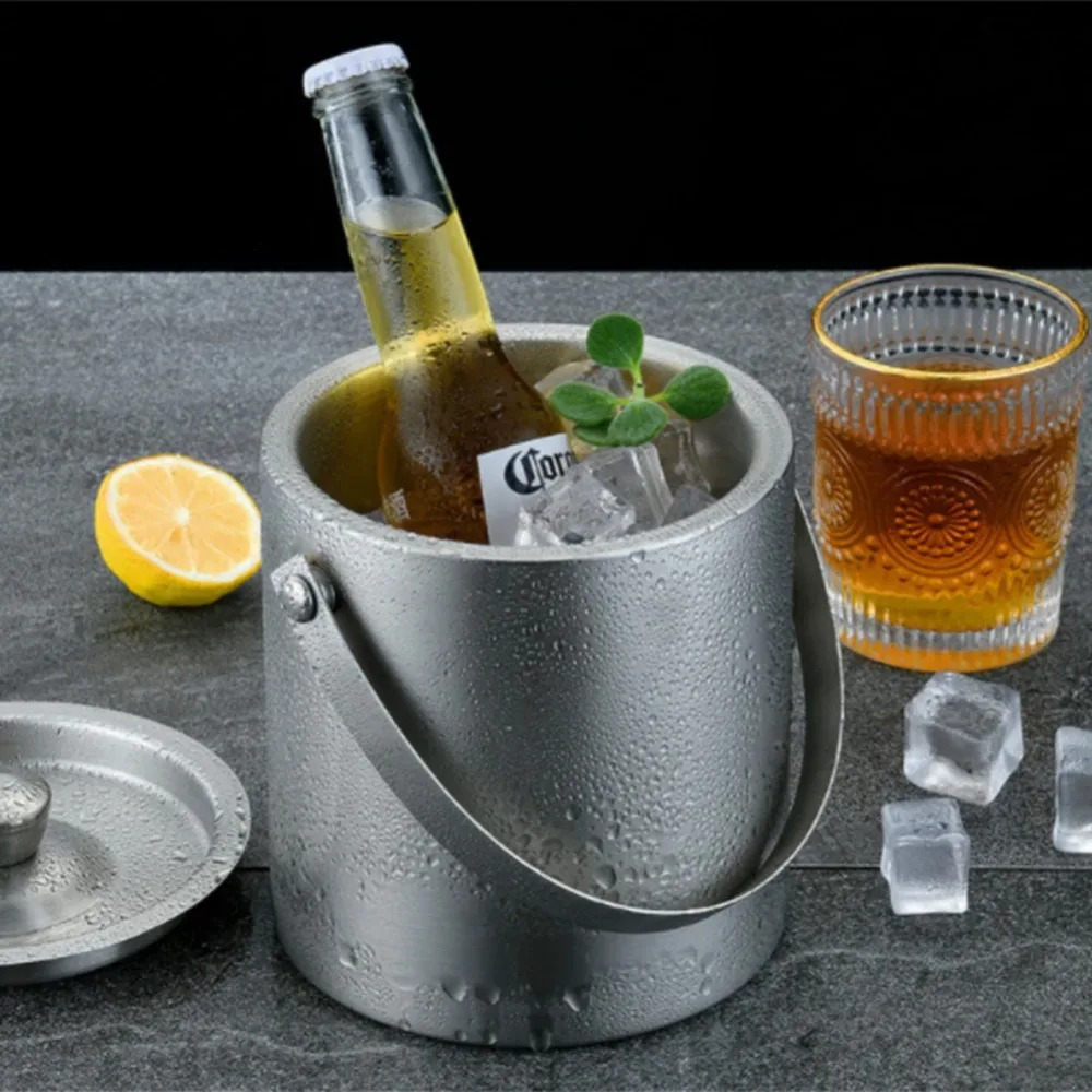

Stainless Steel Insulated Ice Bucket 1.4/2/3 L Double Wall Beer Cooler Bucket with Lid Chilling Beer Container Party