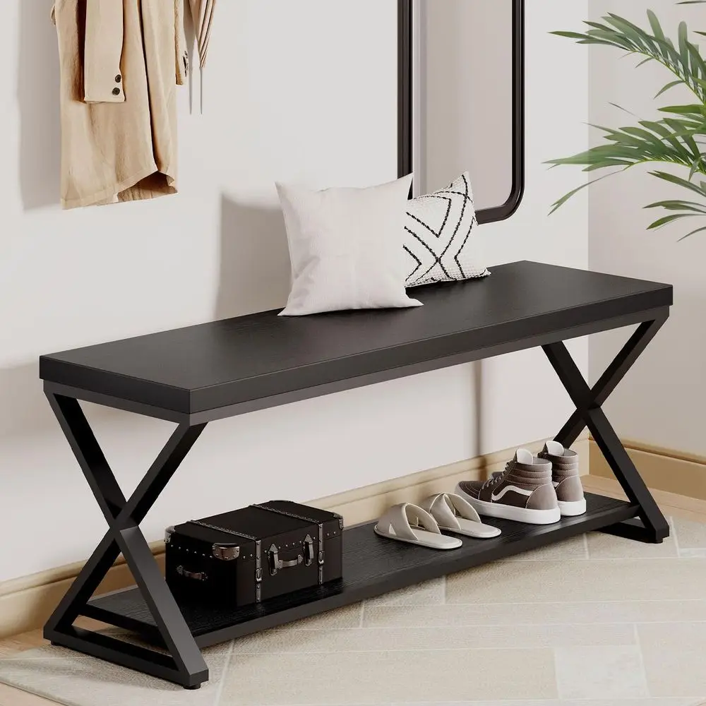 Contemporary Black Oak Entry Bench with Storage, 47 Long for Foyer, Hallway, and Living Spaces