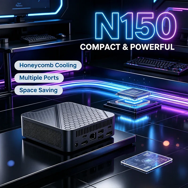 New N150 Mini PC Honeycomb Cooling Design Multiple Ports Space‑Saving Desktop Computer for Home Office Business Daily Work