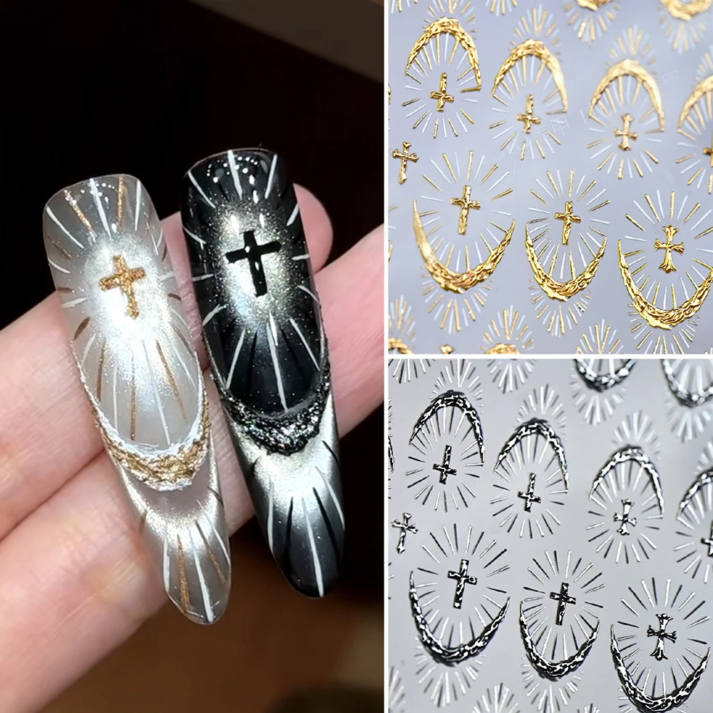 5D Luxury Black Gold Holy Light Cross French Nail Sticker Dazzling Glowing Cross Self Adhesive Nail Art Decals DIY Manicure Deco