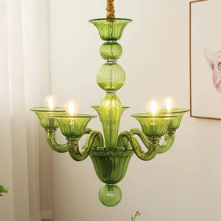 

French light luxury bedroom glass elegant green light body American retro chandelier