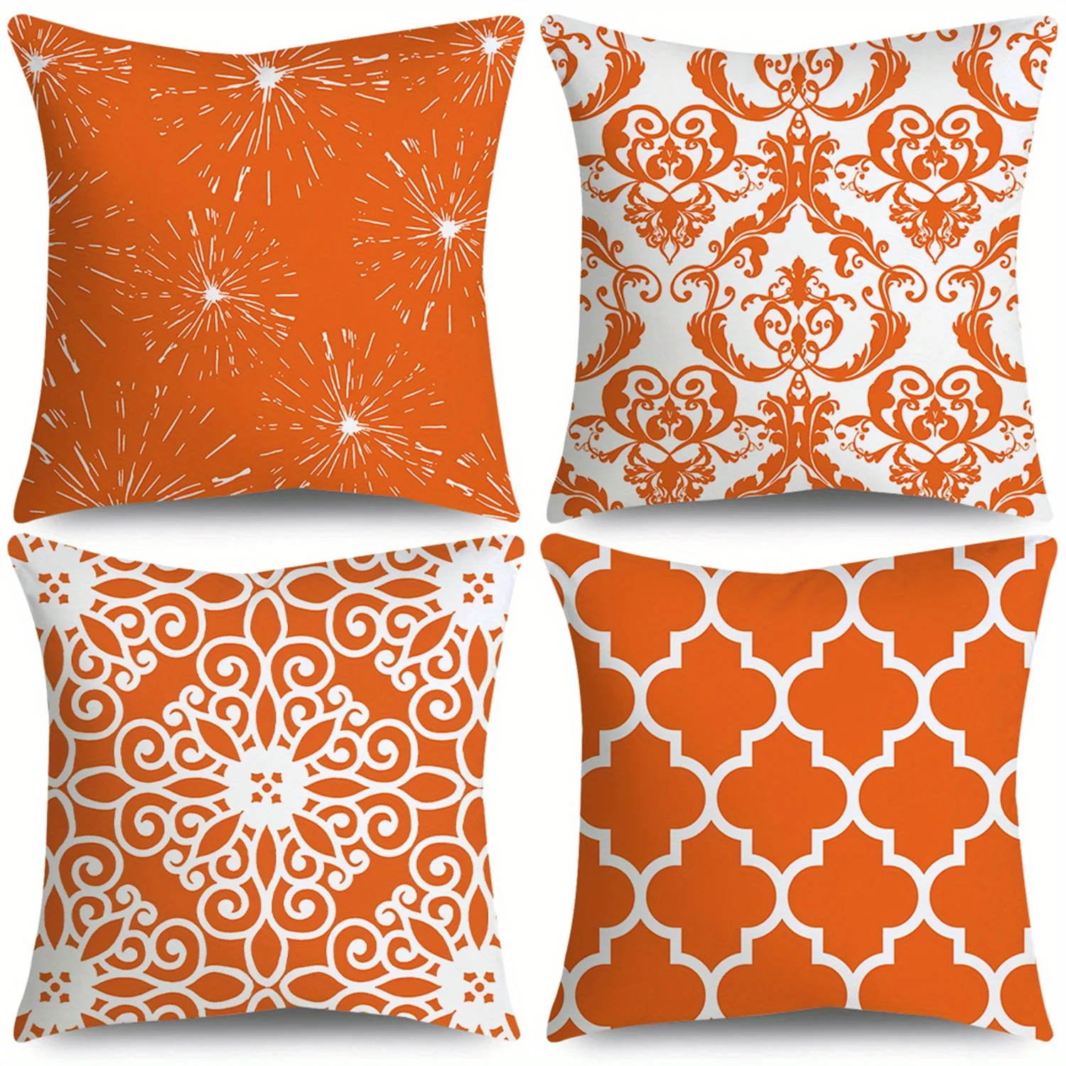 4 Pack Vibrant Orange Cushion Covers 45x45cm White Scroll, Lattice, Starburst & Baroque Patterns for Contemporary Sofa Decor