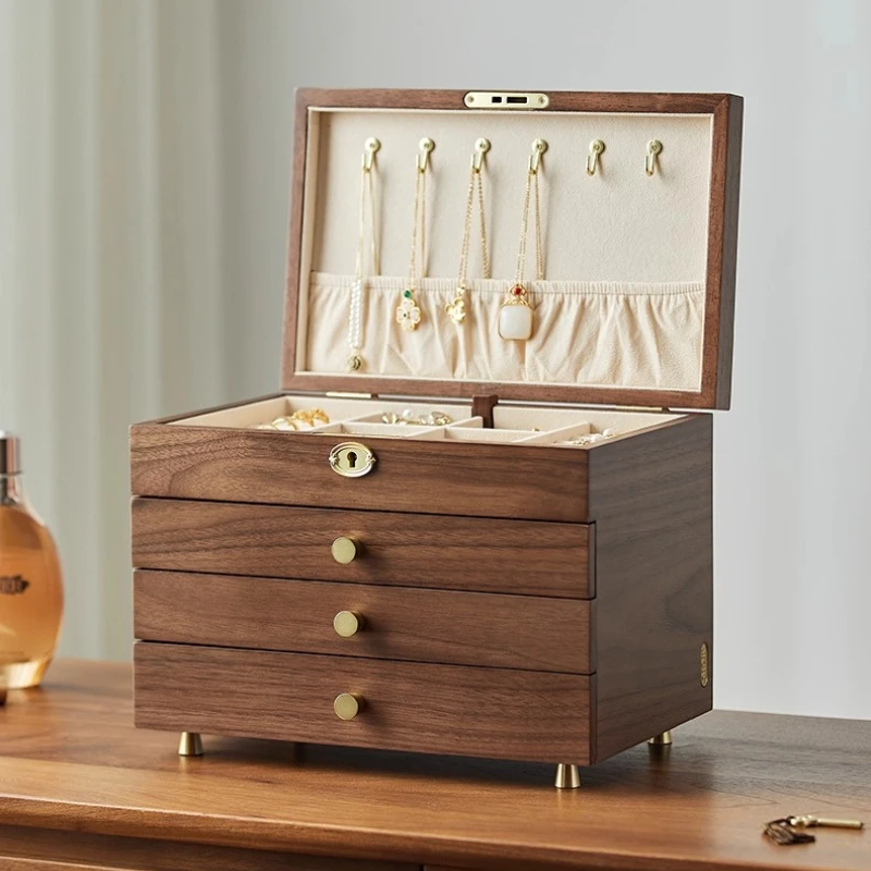 

Шкатулка для драгоценностей из цельного дерева с замком, ожерелье, ручная ювелирная многослойная шкатулка для хранения, высококачественные изысканные ювелирные изделия, большая вместимость