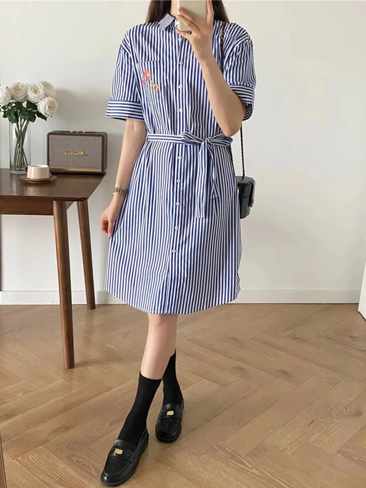 

Chic Lady 2024 Summer Classic Casual Striped Print Blue Long Shirt Style Dress Fashion Flower Print On Pocket Cotton Blend Dress