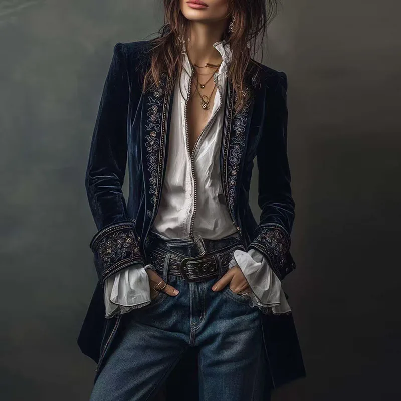 New Women Winter Coats and Jackets Vintage Floral Print Lapel Neck Velvet Outerwears Long Sleeve Autumn Cardigan Female Clothing