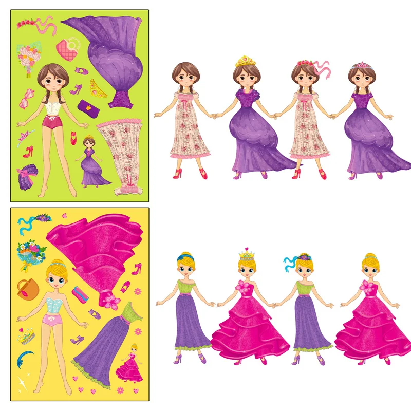 6-24Sheets Princess Dress-Up DIY Stickers for Kids Create-A-Face Sticker Pad Make Your Own Girls Puzzle Jigsaw Party Supplies