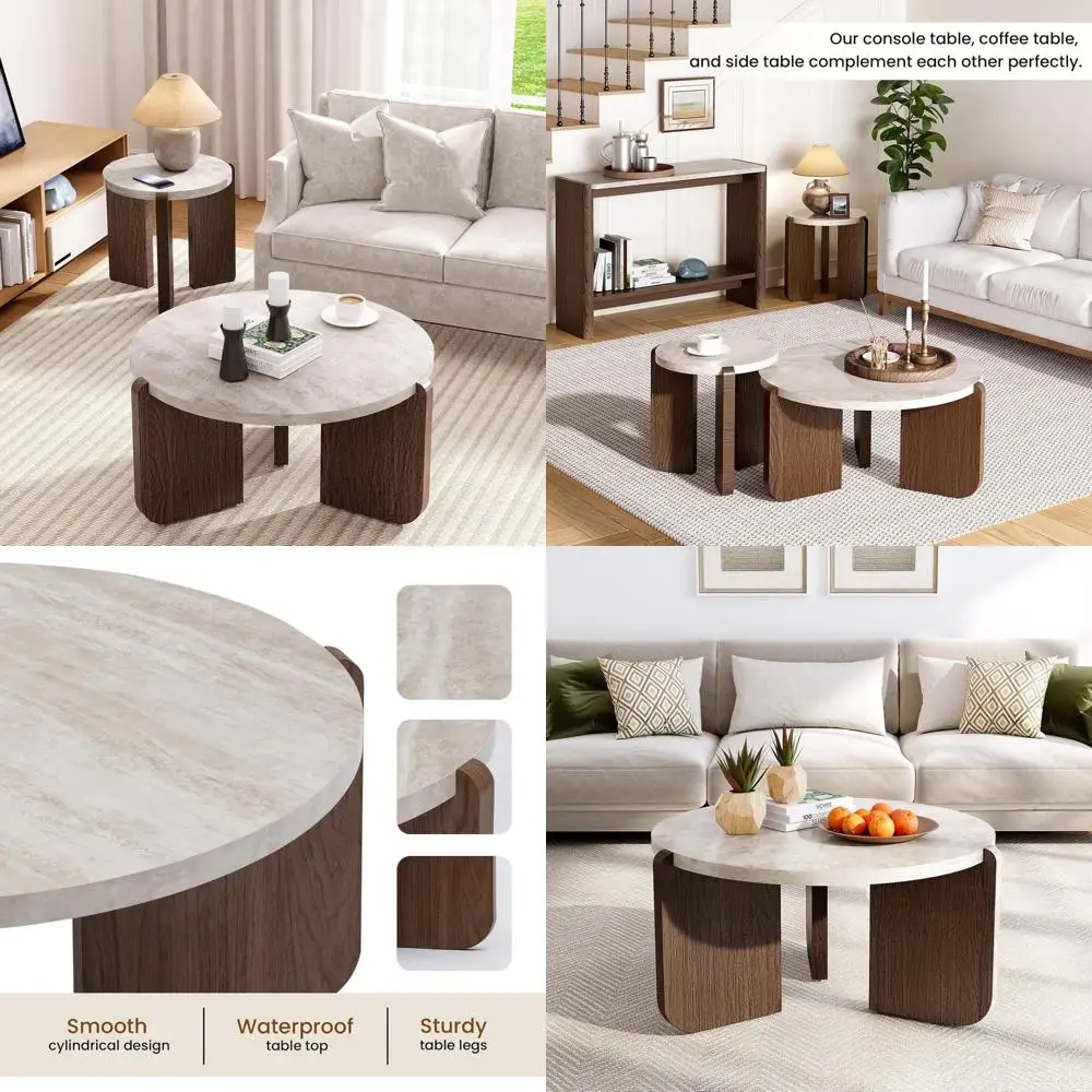 

Современный круглый журнальный столик с прочным основанием и деревянным центром для гостиных и приемных, столешница из искусственного мрамора