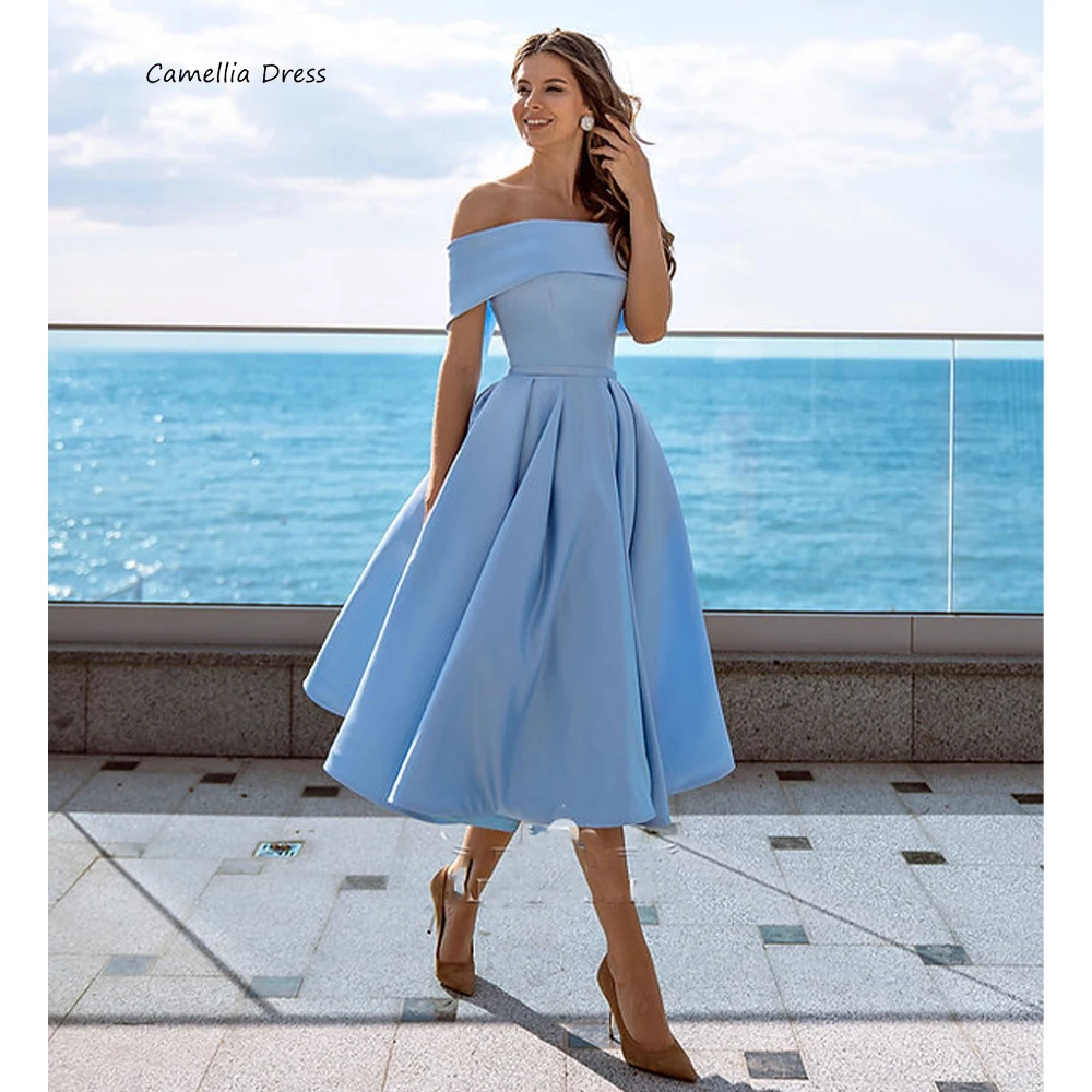 

Romantic Formal Evening Dresses Bule Evening Gown Long Boat Neck Lady Girl Satin Prom Dress Vestido Robe De Soire فستان سهرة